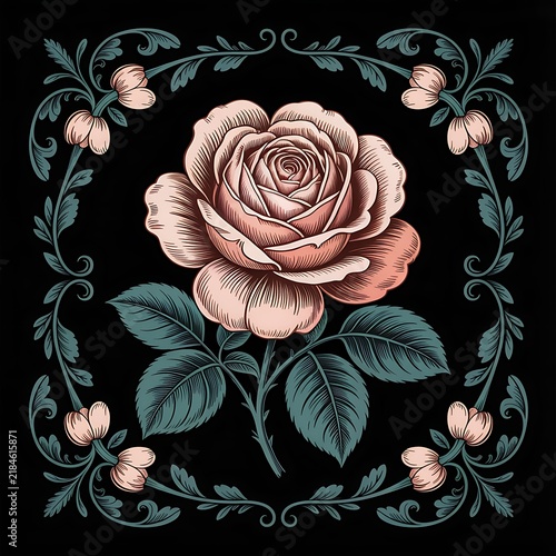 Vintage style engraved botanical illustration of a pink rose inside a floral frame