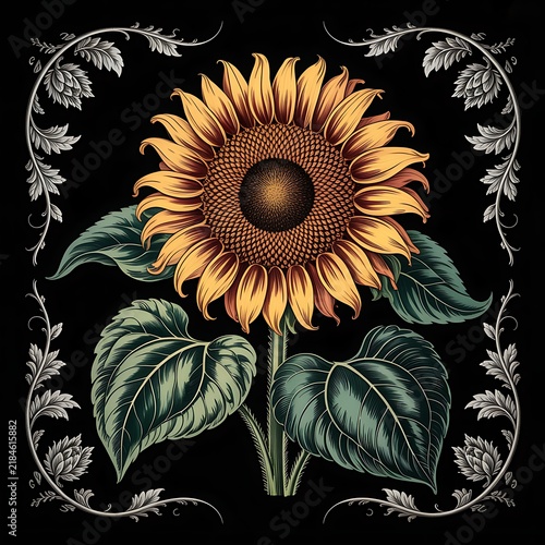 Vintage style botanical illustration of a detailed sunflower with ornate decorative floral corner frames