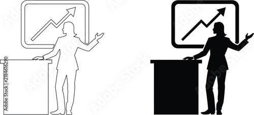 Business presentation outline and solid black icon of man with rising arrow graph.