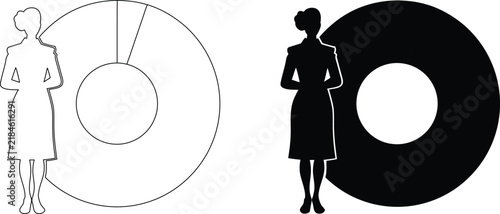 Business woman standing in front of large pie chart representing financial data and business market shares.