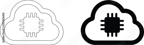 Cloud computing symbol with microchip inside line art and solid icon representing data processing and digital technology.
