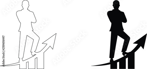 Corporate leader standing on rising graph arrow representing business growth and financial market development milestones.