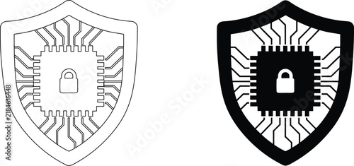 Cyber security shield with microchip and lock outline and solid black icon for digital protection.