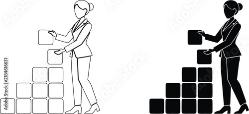 Professional woman building career progress using square blocks in staircase formation for development and growth icons.