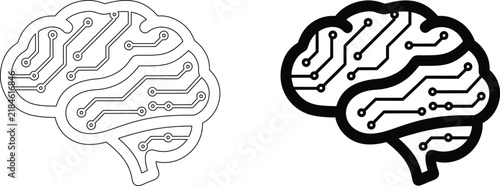 Brain outline with circuit board pattern line art and solid icon symbolizing neural network and electronic technology.
