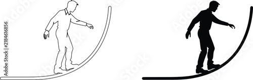 Business balance and risk assessment concept featuring person walking on tightrope curve in black outline silhouette art.