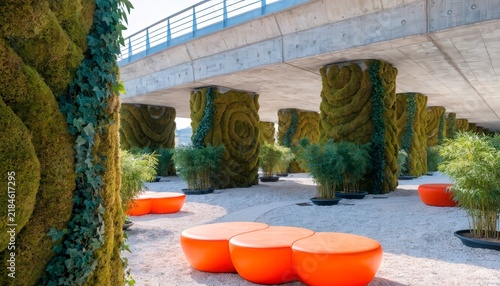 Bright furniture and green walls under an overpass create a unique space for visitors