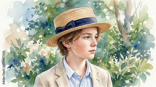 Young boy in straw hat and blazer standing in a lush garden  