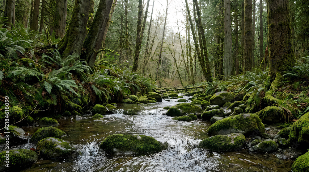 Fototapeta premium Forest Stream Winding Through Dense Evergreen Trees, Mossy Rocks and Lush Ferns Featuring Moss, Water