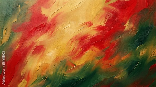 Abstract oil painting with vibrant red yellow and green colors on canvas showing thick brush strokes and texture