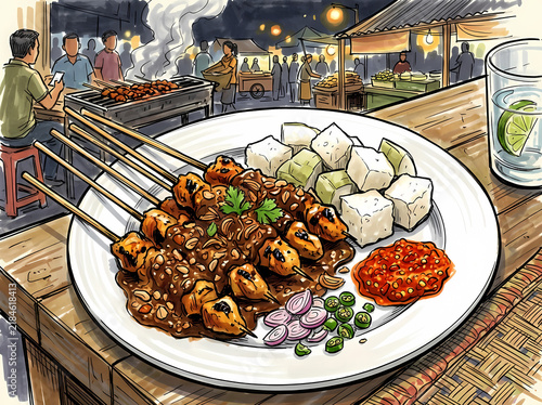 Indonesian Chicken Satay with Peanut Sauce and Rice Cakes Watercolor Illustration