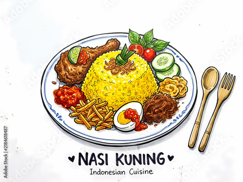 Authentic Indonesian Nasi Kuning Yellow Rice Illustration with Traditional Side Dishes