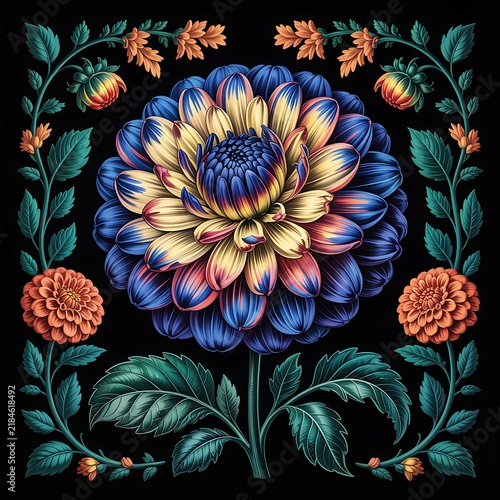 Decorative botanical illustration featuring a central blue and yellow flower surrounded by ornate floral vines and foliage