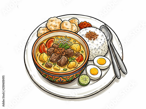 Indonesian Soto Betawi Beef Soup Illustration with Rice and Crackers