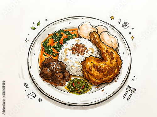 Traditional Indonesian Nasi Padang food illustration, hand drawn rice dish with fried chicken