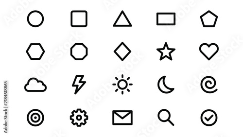 Collection of simple geometric and symbolic icons on transparent background