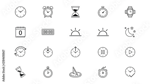 Collection of various clock and time related icons isolated on transparent background