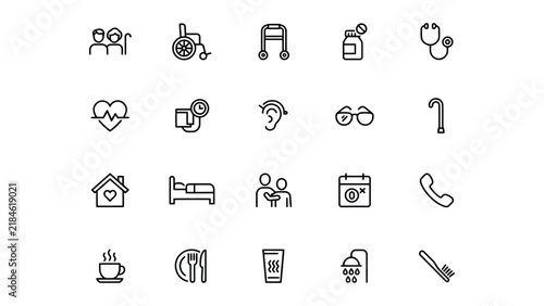 Set of flat design icons representing healthcare and elderly care services