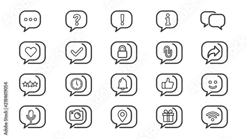 Set of various communication and feedback icons inside speech bubbles