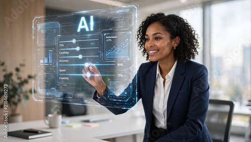 Businesswoman Interacting With AI Holographic Interface in Modern Office