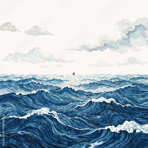 Watercolor Wavy Ocean Landscape with Small Red Sailboat