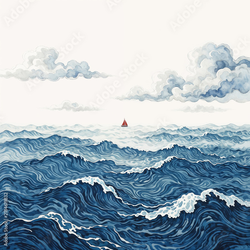 Watercolor Wavy Ocean Landscape with Small Red Sailboat