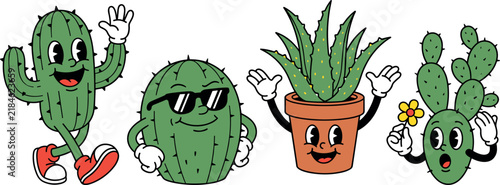 Cute Retro Cartoon Cactus Vector Character Set with Funny Succulent and Aloe Vera Clipart