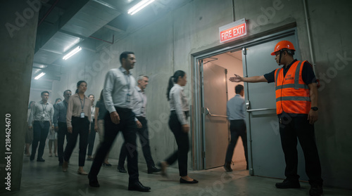 Office workers evacuating building through emergency exit under guidance from safety officer, calm response during workplace emergency preparedness and evacuation drill