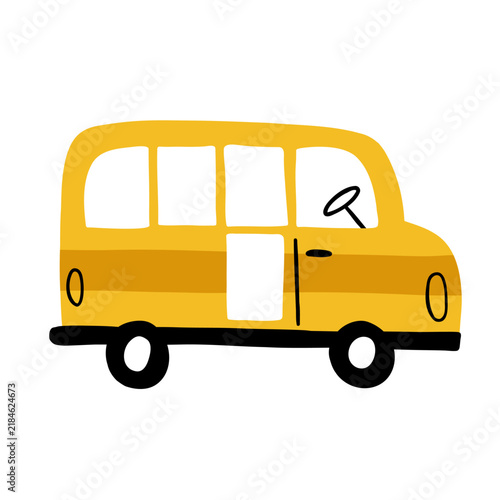 Hand drawn yellow school bus illustration with simple playful shapes and black wheels. Cute childlike transport vehicle isolated on white for kids, education, school and nursery themes.