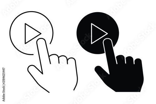 A set of two vector icons on white background, one outline and one solid black, showing a hand cursor pressing a play button in a circle.