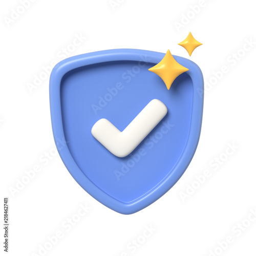 A 3d render of a blue shield icon with a white checkmark symbol and yellow sparkle stars representing security safety verification and protection in a modern style.3d render