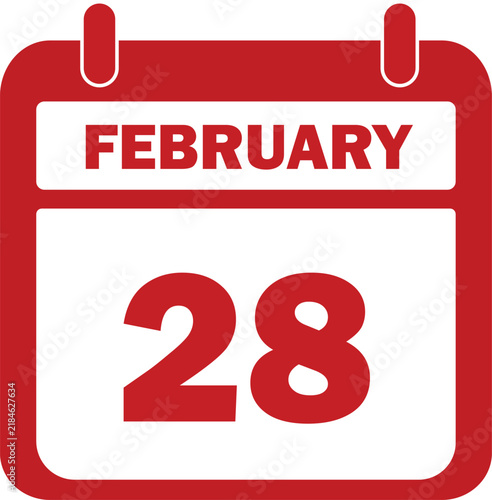 February 28 calendar icon vector, red daily date planner page, month of February schedule reminder for business and events