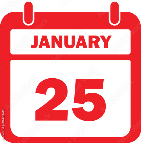 Red January 25 calendar icon vector, daily date planner page for schedule organization, flat monthly calendar symbol