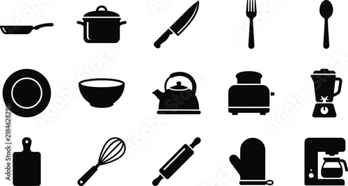 Set of black kitchen utensils and cooking appliances icons isolated on a white background