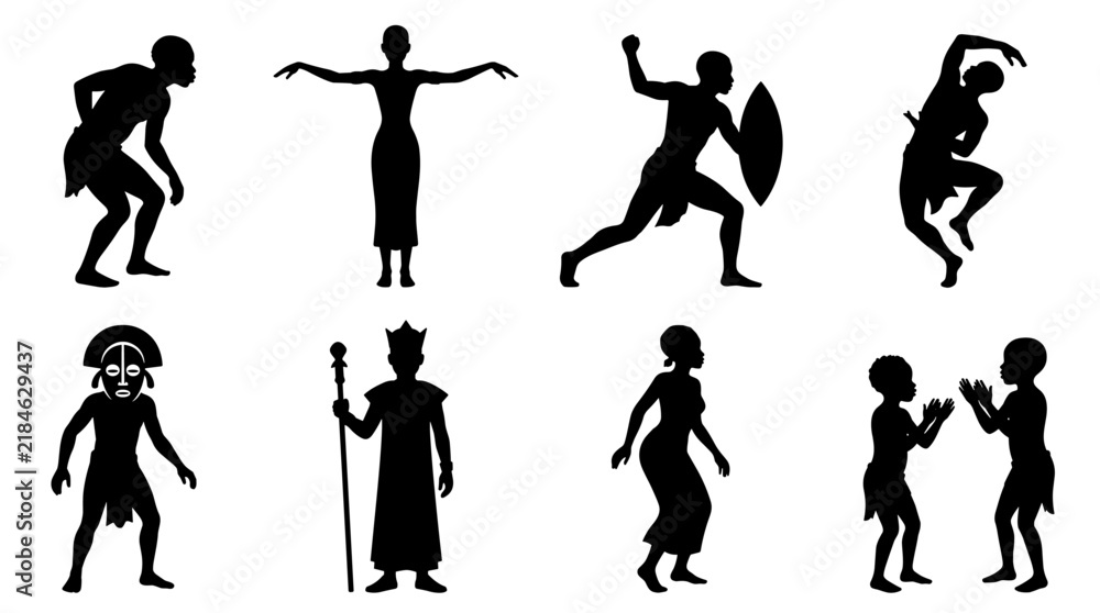Obraz premium Set of silhouettes of African tribal people in various poses including traditional dance, hunting, and ceremonies, cultural heritage illustration
