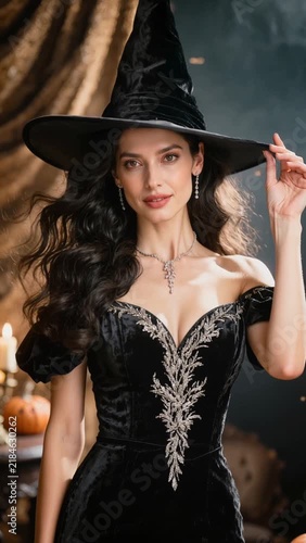 Glamorous modern witch in a black pointed hat posing in a sophisticated Halloween fashion setting, touching the hat brim as her dark wavy hair moves gently under studio lighting.