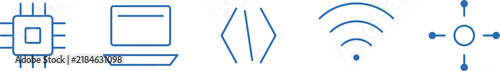 Technology Line Icon Set, Chip Laptop Code Wifi and Settings Symbols, Blue Outline Icons for Tech Design Vector