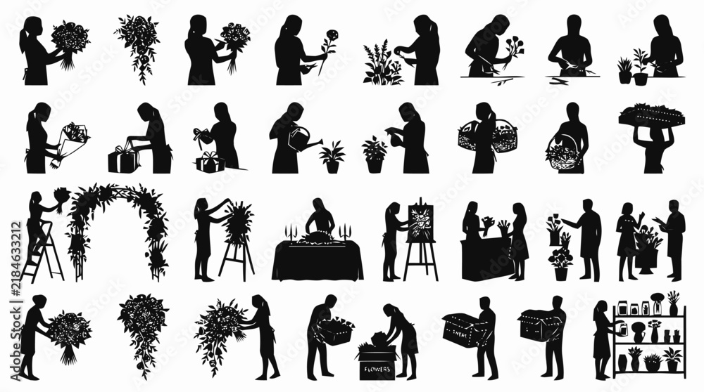 Obraz premium Florist silhouettes are shown arranging flowers.