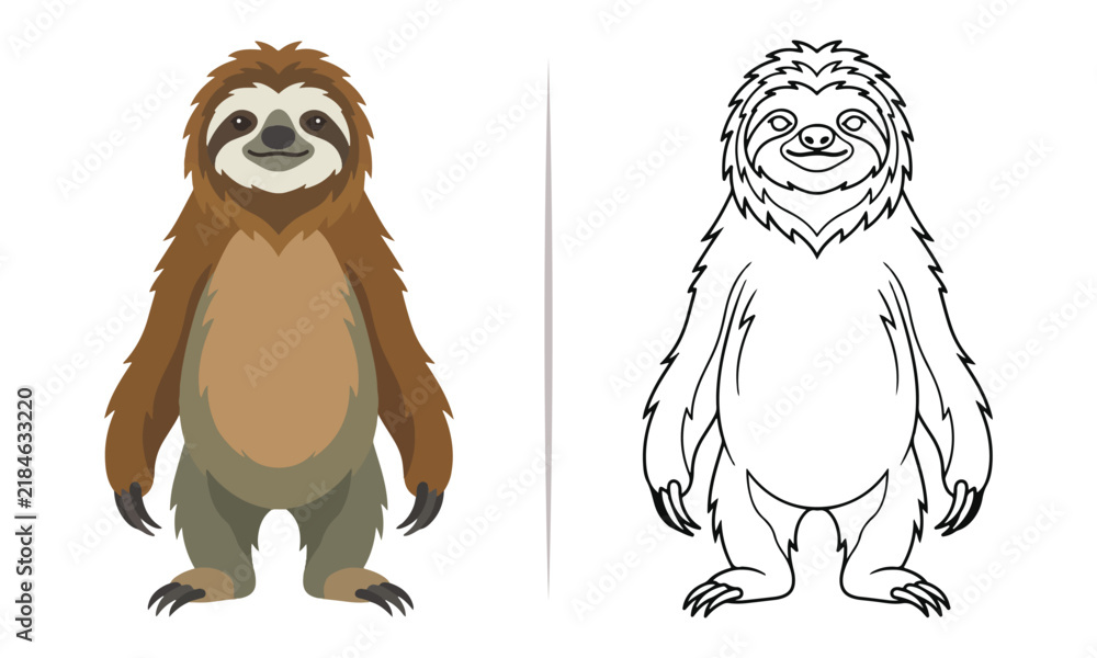 Fototapeta premium Standing sloth colored vector illustration and line art