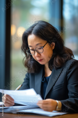 Professional businesswoman or lawyer reviewing legal documents in an office