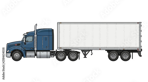 Side view illustration of a blue semi truck with a white cargo trailer.