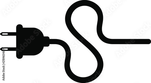 Electric plug silhouette with curved wire, power cable connector icon, electrical energy socket adapter, electronic device hardware accessory element