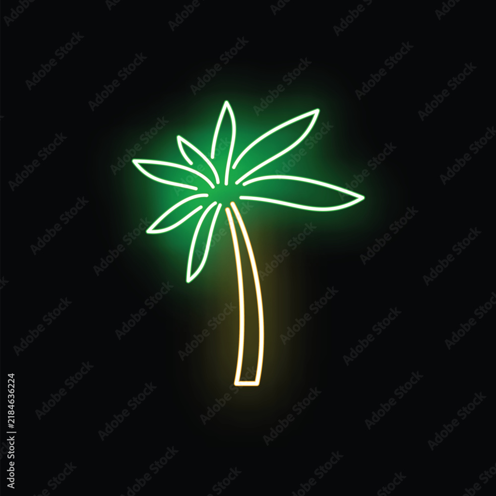 Obraz premium Palm tree icon is glowing with green and yellow neon light on a black background