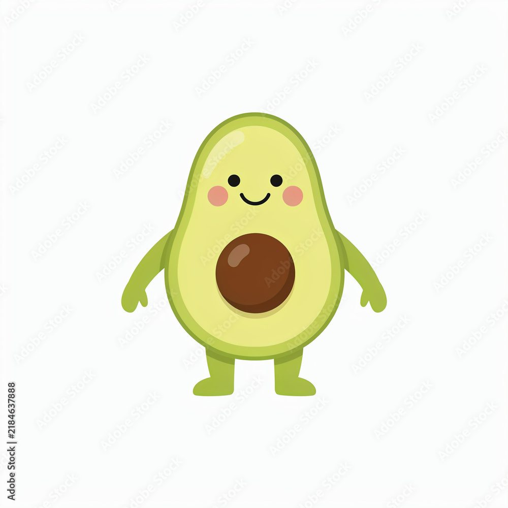 Fototapeta premium Cute Cartoon Avocado Character with Happy Smiling Face Isolated on White Background