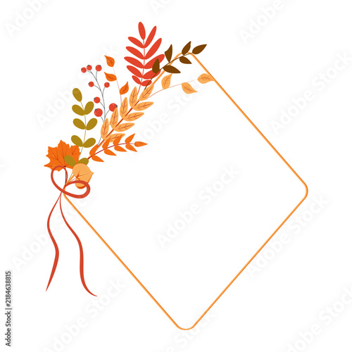 Autumn rhombus frame with fall leaves, berries, red ribbon bow, copy space for text. Vector illustration, isolated on white. Fall botanical frame template. Blank.