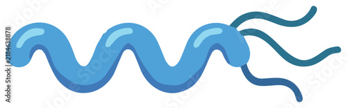 Vector illustration of Helicobacter pylori bacterium, a blue spiral-shaped pathogen with flagella, commonly associated with stomach ulcers and gastritis, isolated on a dark background.