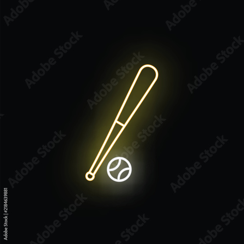 Baseball bat and ball glowing neon light on black background