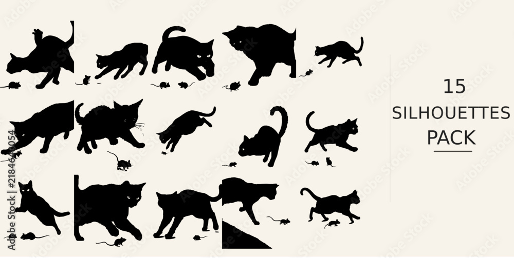 Fototapeta premium Cat Chasing A Mouse Silhouette - Powerful Pose Black Silhouette Black Vector Clipart on White Background