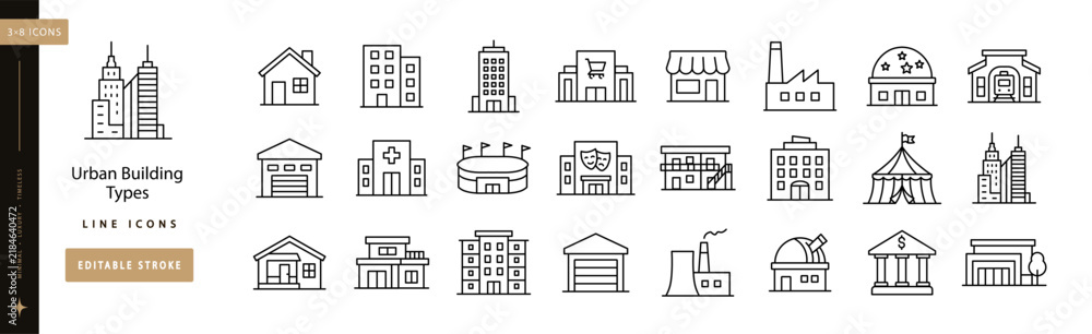 Fototapeta premium Urban Building Types line icon set editable stroke