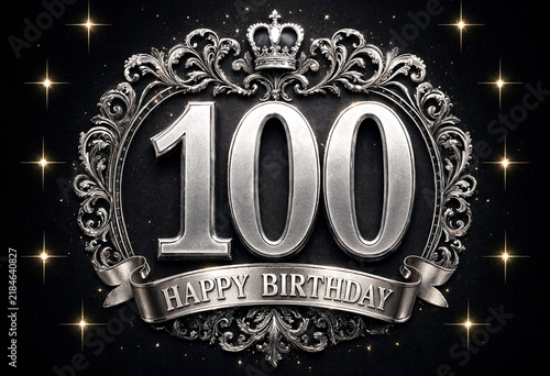 Elegant metallic hundredth birthday celebration graphic design with crown and decorative border